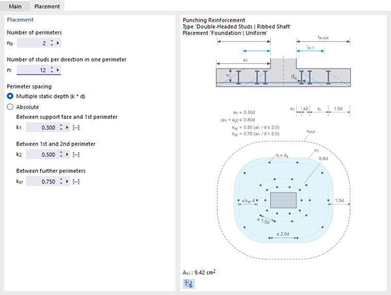 Headed stud reinforcement with uniform distribution for foundation