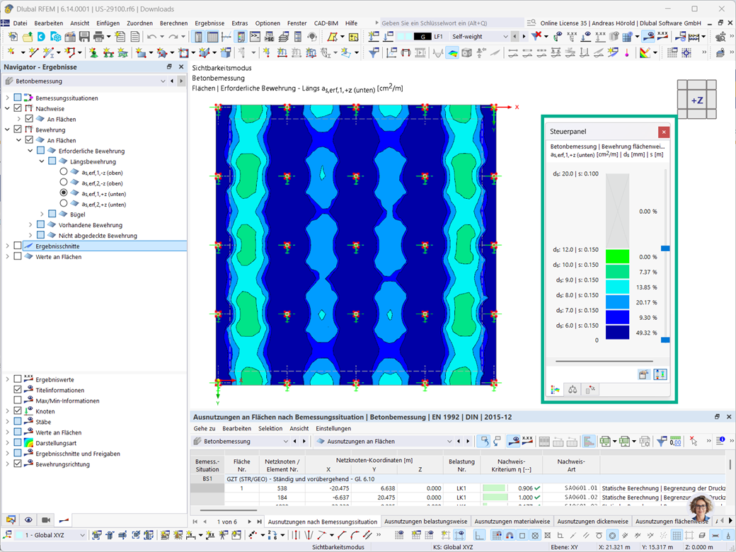 Display of surface reinforcement using a rebar diameter and spacing