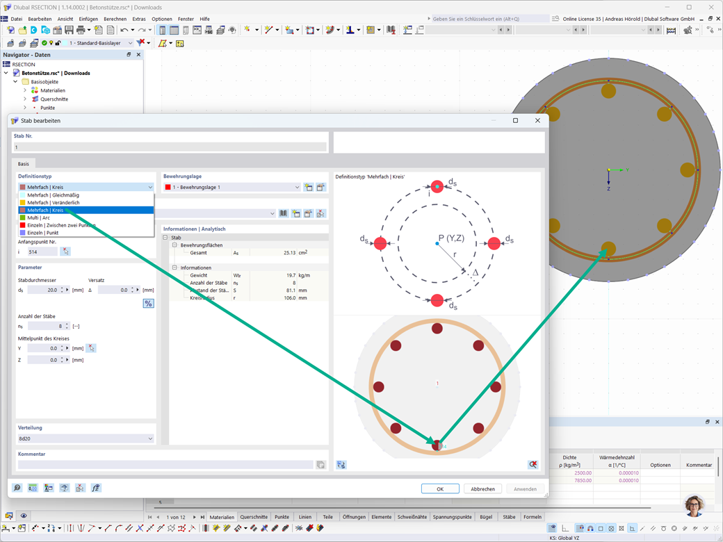 Longitudinal rebars can be evenly distributed along a circle using the “Multi | Circle” definition type.