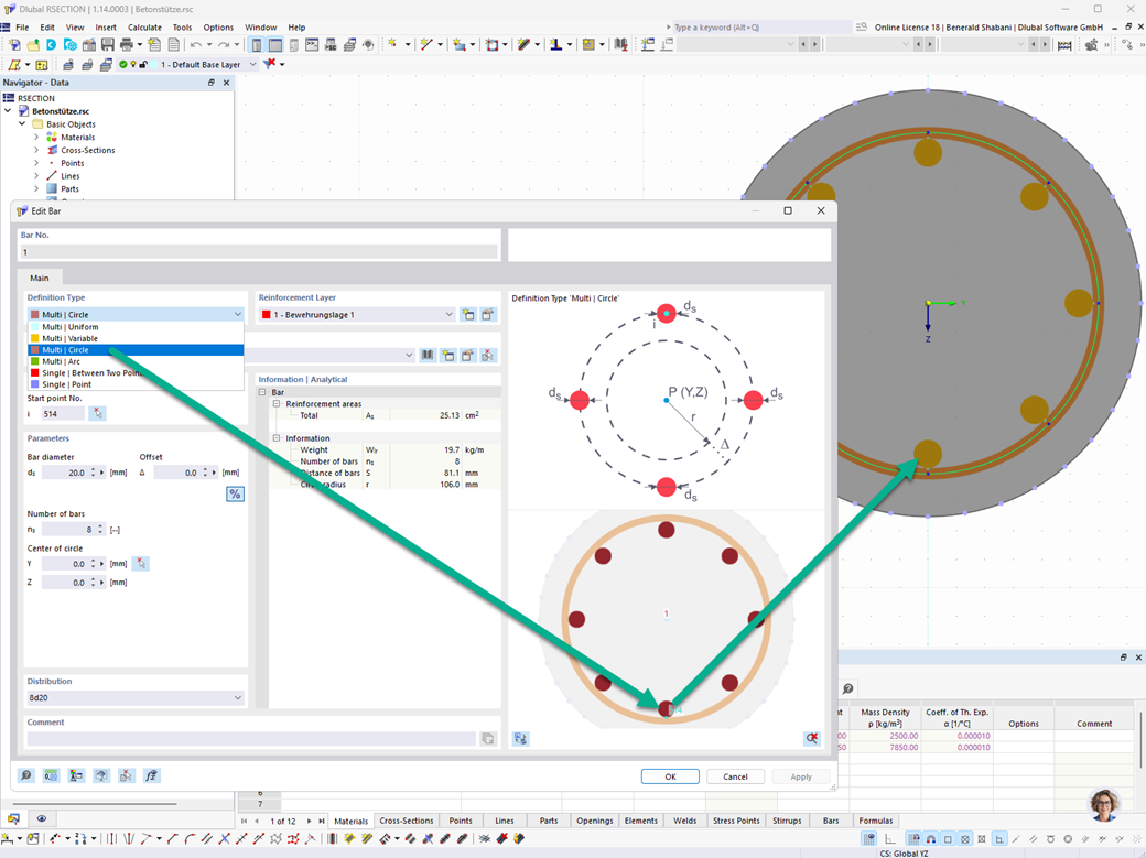 Longitudinal rebars can be evenly distributed along a circle using the “Multi | Circle” definition type.
