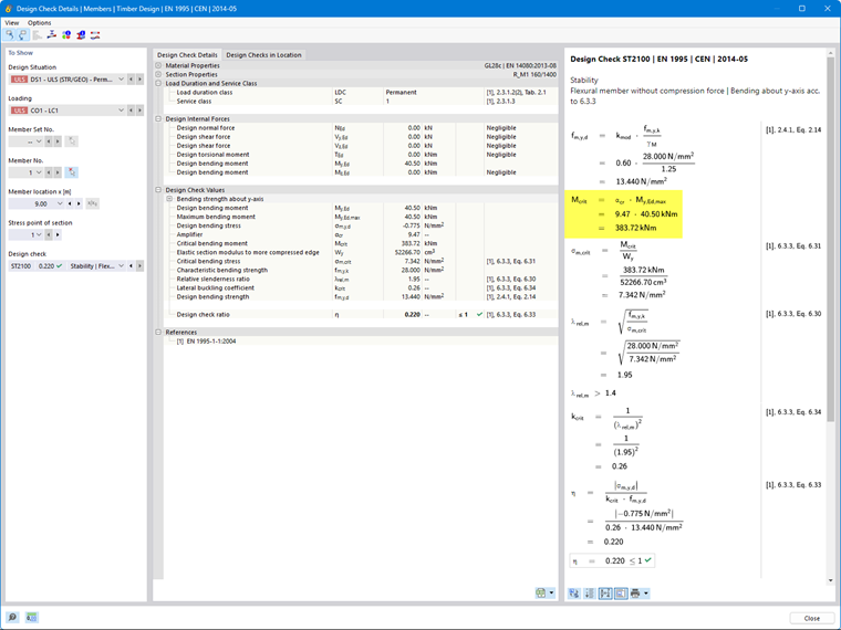 Design check details showing the critical load factor and the critical bending moment