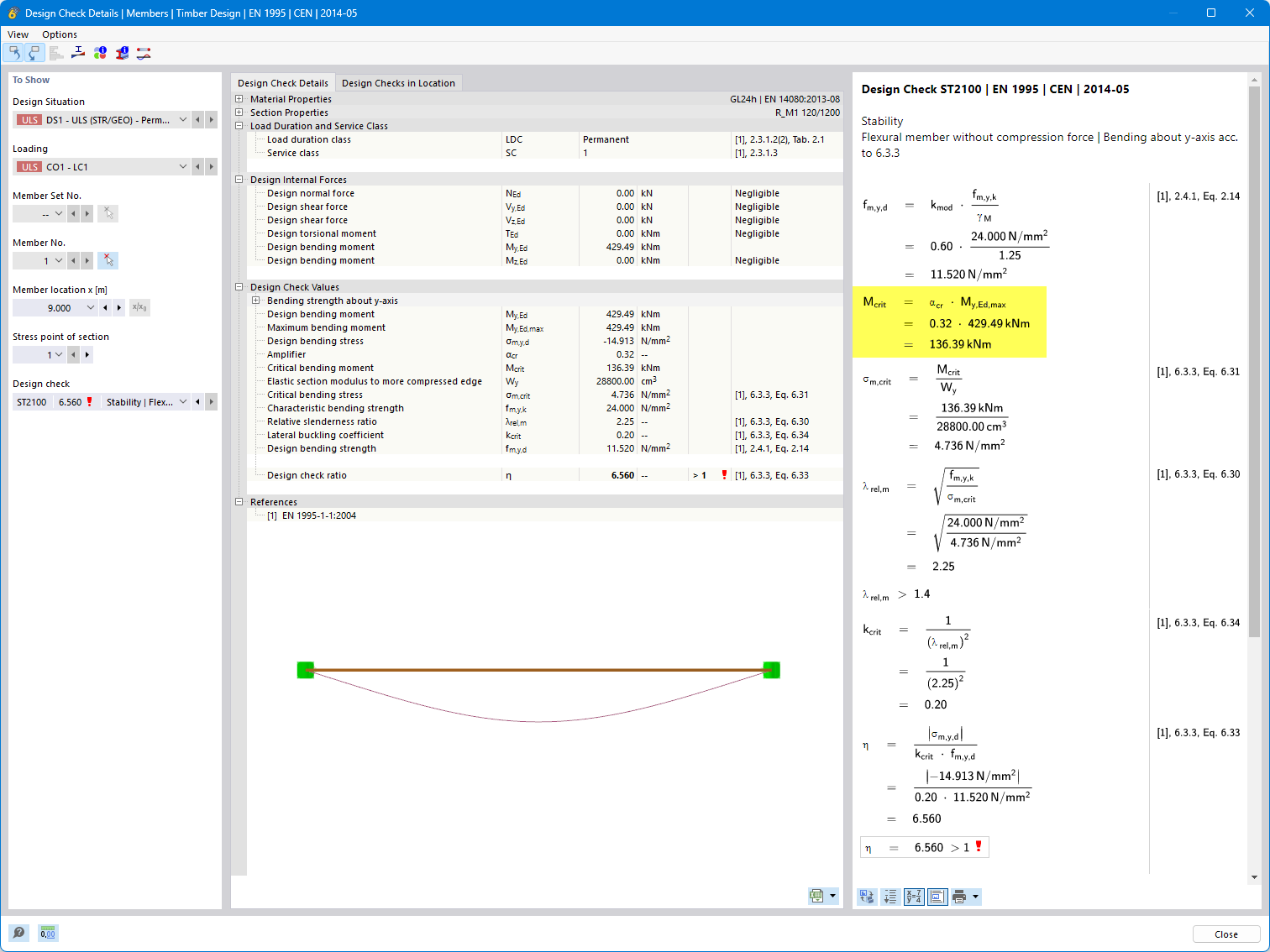 Design check details with output of critical load factor and critical bending moment