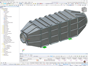 A 3D model of a stainless steel gas container shows structural details and architectural elements.