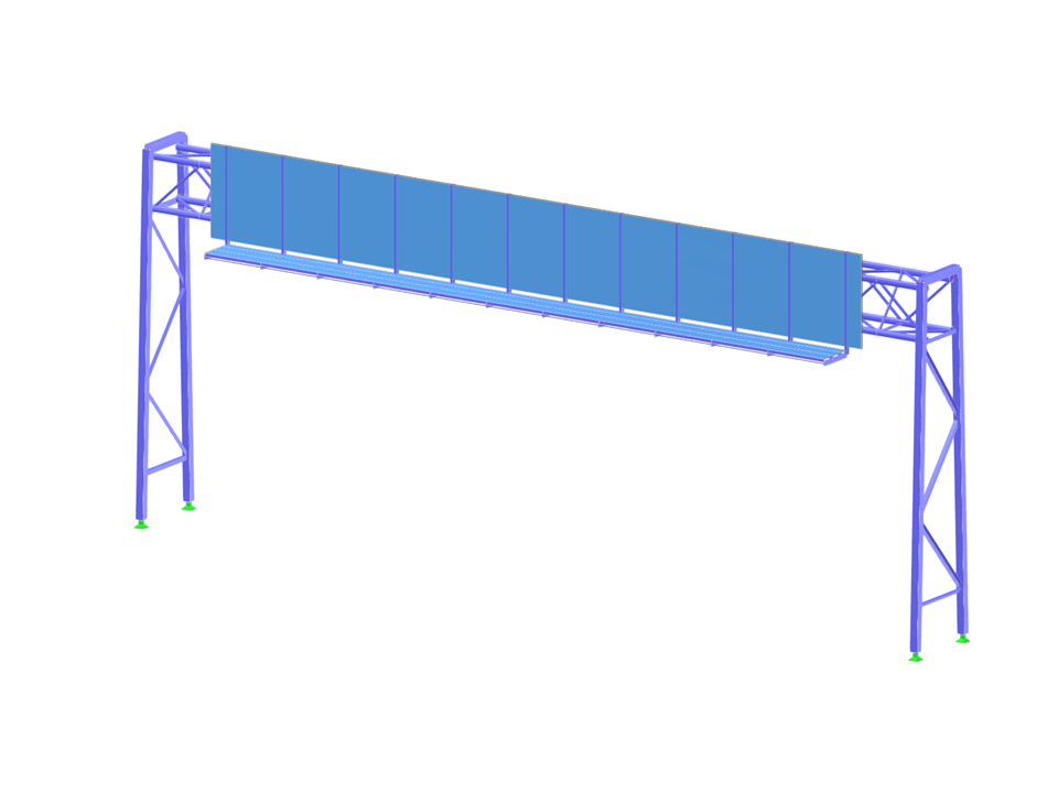 Steel structure of a sign bridge over a road under a clear sky.