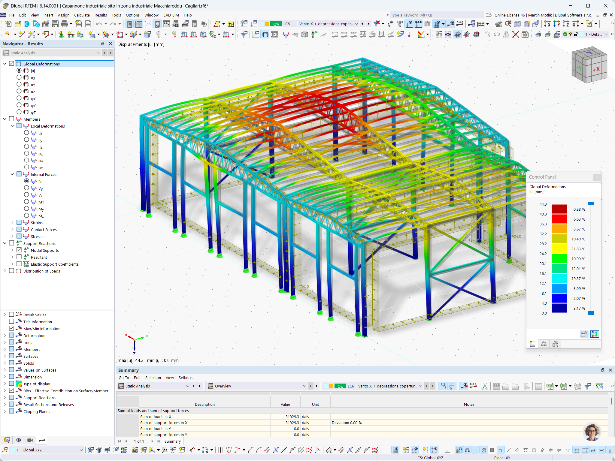 Steel-framed industrial warehouse for mechanical workshop showing deformation results due to wind load in RFEM 6.