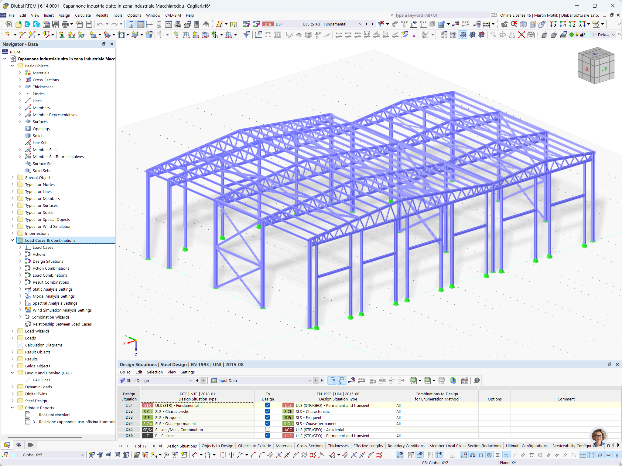 Axonometric perspective of a steel-framed industrial warehouse, designed as a mechanical workshop, located in Macchiareddu near Cagliari.