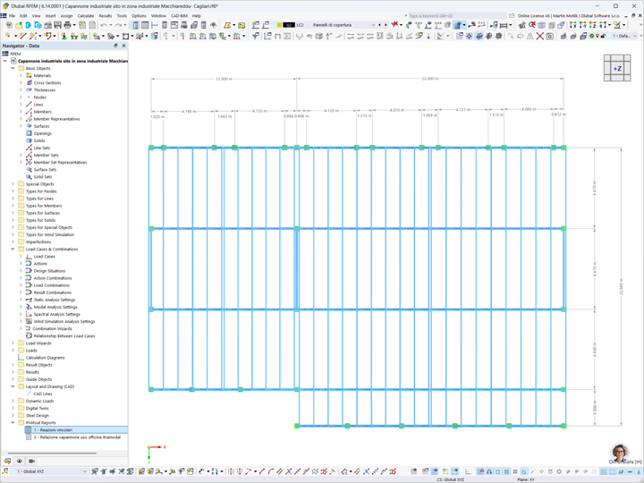 Plan view of a steel-framed industrial warehouse designed as a mechanical workshop near Cagliari.