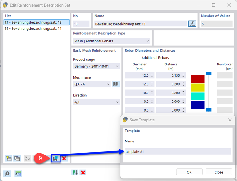Creating a template for the reinforcement description set