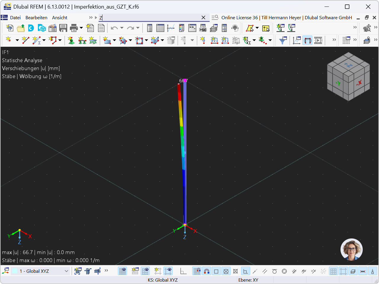 Beam with applied imperfection of the buckling mode shape