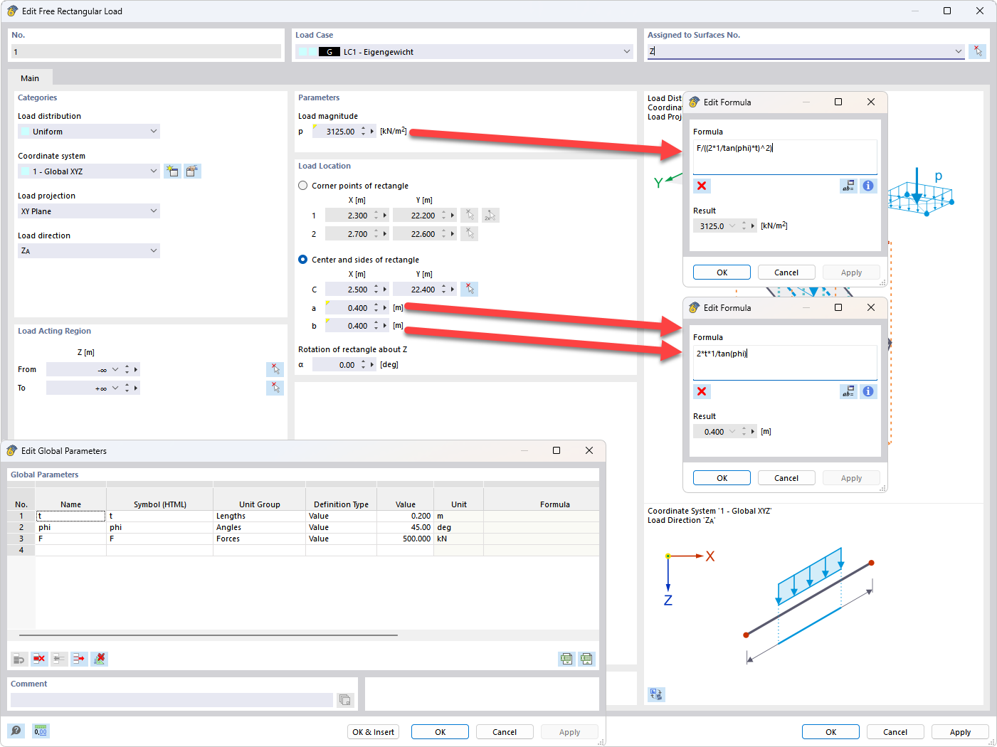 RFEM 6 shows the conversion of a point load into an area load to avoid singularities.