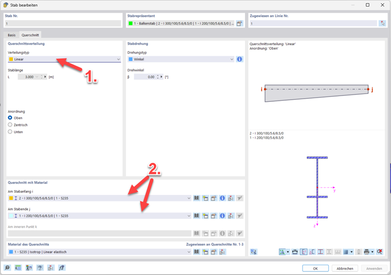 The "Edit Member" dialog shows the cross-section selection in the "Cross-Sections" tab of RFEM 6, with focus on dropdown options for the distribution type and the start and end cross-sections.