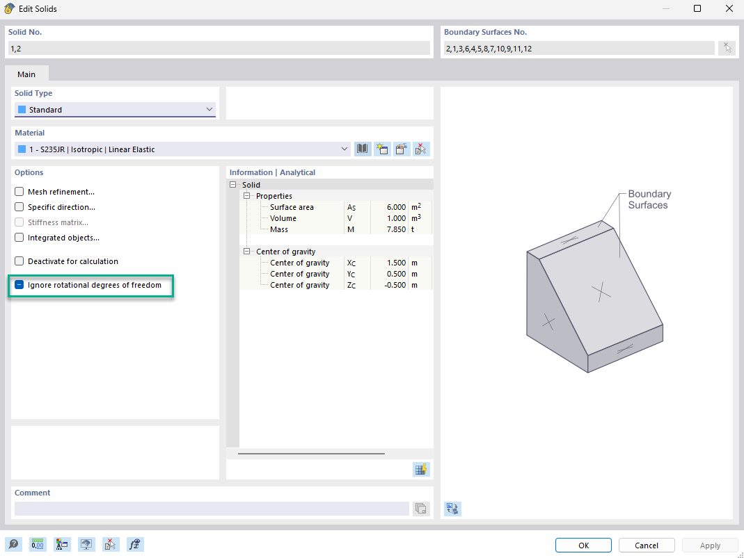 Display of the reduction in rotational degrees of freedom in 3D solid elements to improve simulation efficiency.