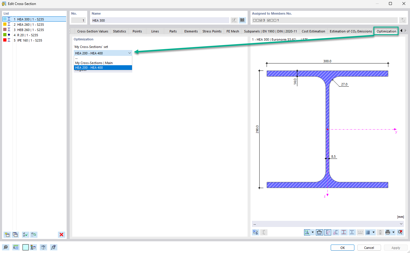 Optimization of a Cross-Section within a User-Defined Favorites List