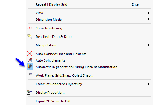 Function 'Automatic Regeneration during Element Modification' in the general context menu