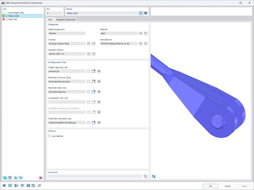 Edit Component Series dialog box in RFEM 6 displaying selection options and settings.