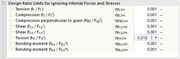 Define utilization limits for ignoring internal forces and stresses