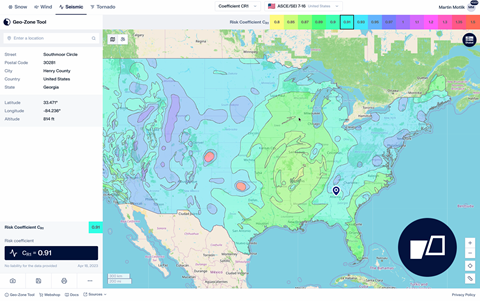 A screenshot of the Geo-Zone Tool displaying seismic zones across the United States, highlighting varying levels of seismic activity.
