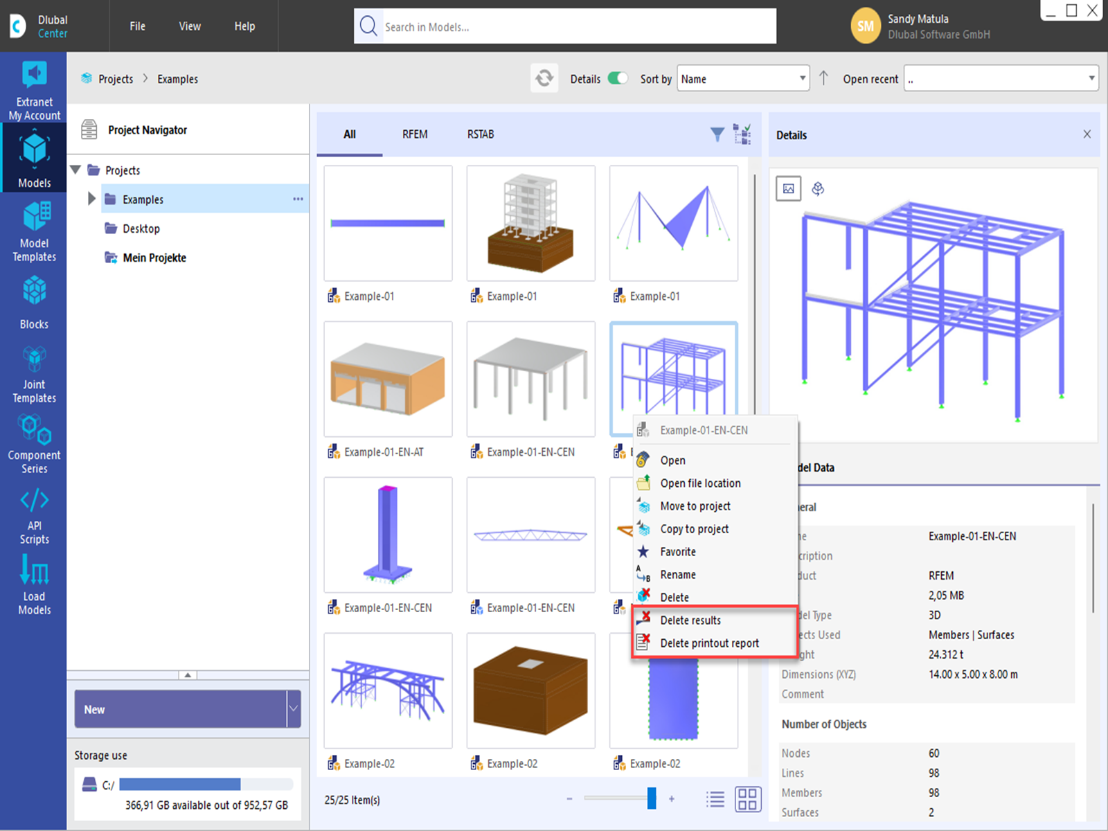 The screenshot shows the Dlubal Center with model management and options for deleting results and the printout report.