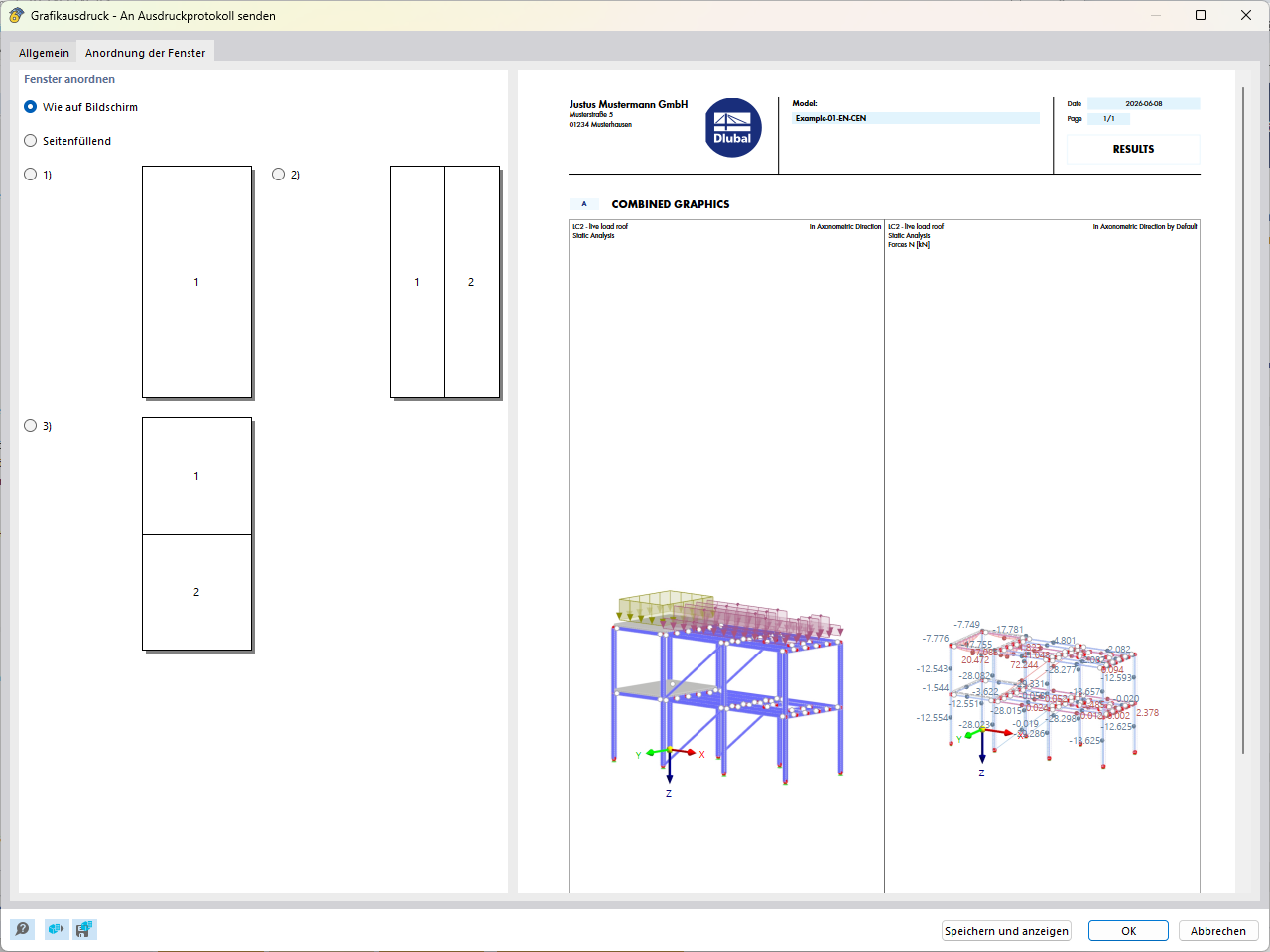 Graphic printout dialog box for selection and arrangement of multiple window prints.