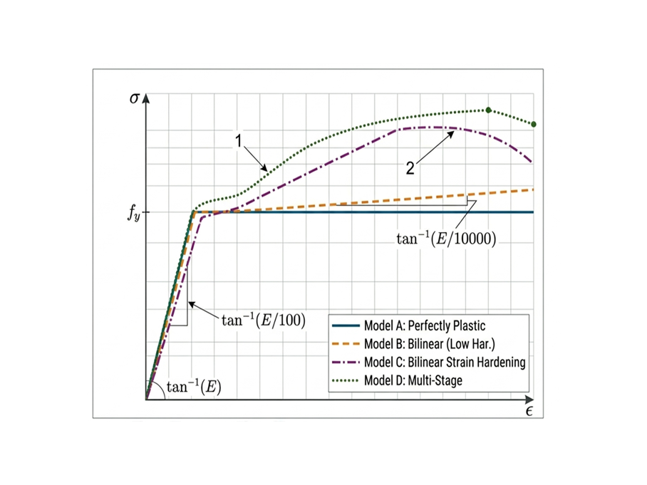 Stress-strain diagram comparing four material models: perfectly plastic, bilinear low hardening, bilinear strain hardening, and multi-stage, according to EN 1993-1-5.
