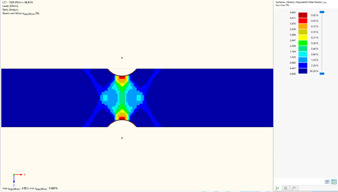 Finite element analysis showing equivalent total strain distribution in a notched steel S235 plate under static load, visualizing plastic deformation zones.