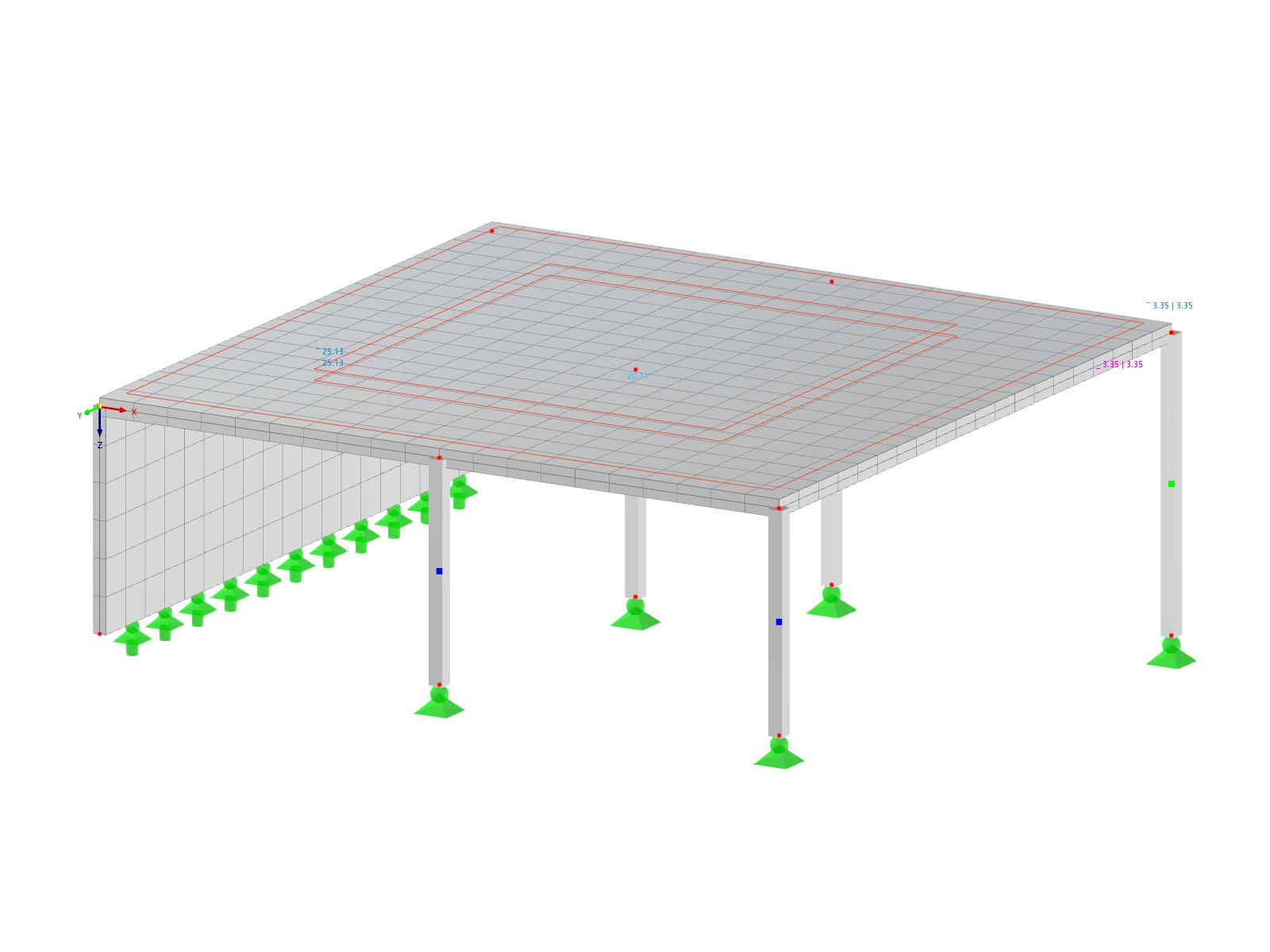 View of a reinforced concrete slab resting on walls and columns. Minimal deformation.