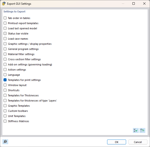 A dialog box with template options activated for the GUI's print settings.