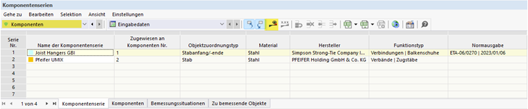 Dialog box for design of component in the structural analysis program.