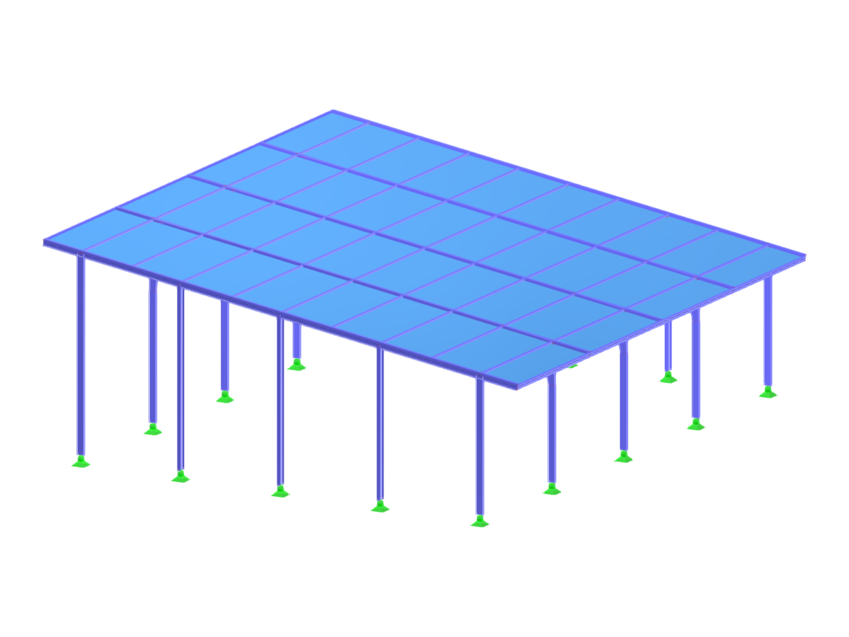 A model of a mono-pitch roof hall showing structural geometry and layout.