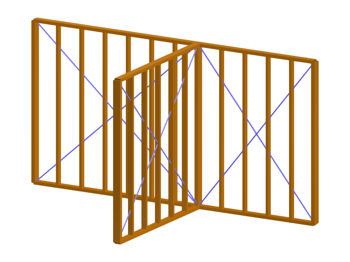 Prefabricated wooden wall structure connecting with another wall in the middle.