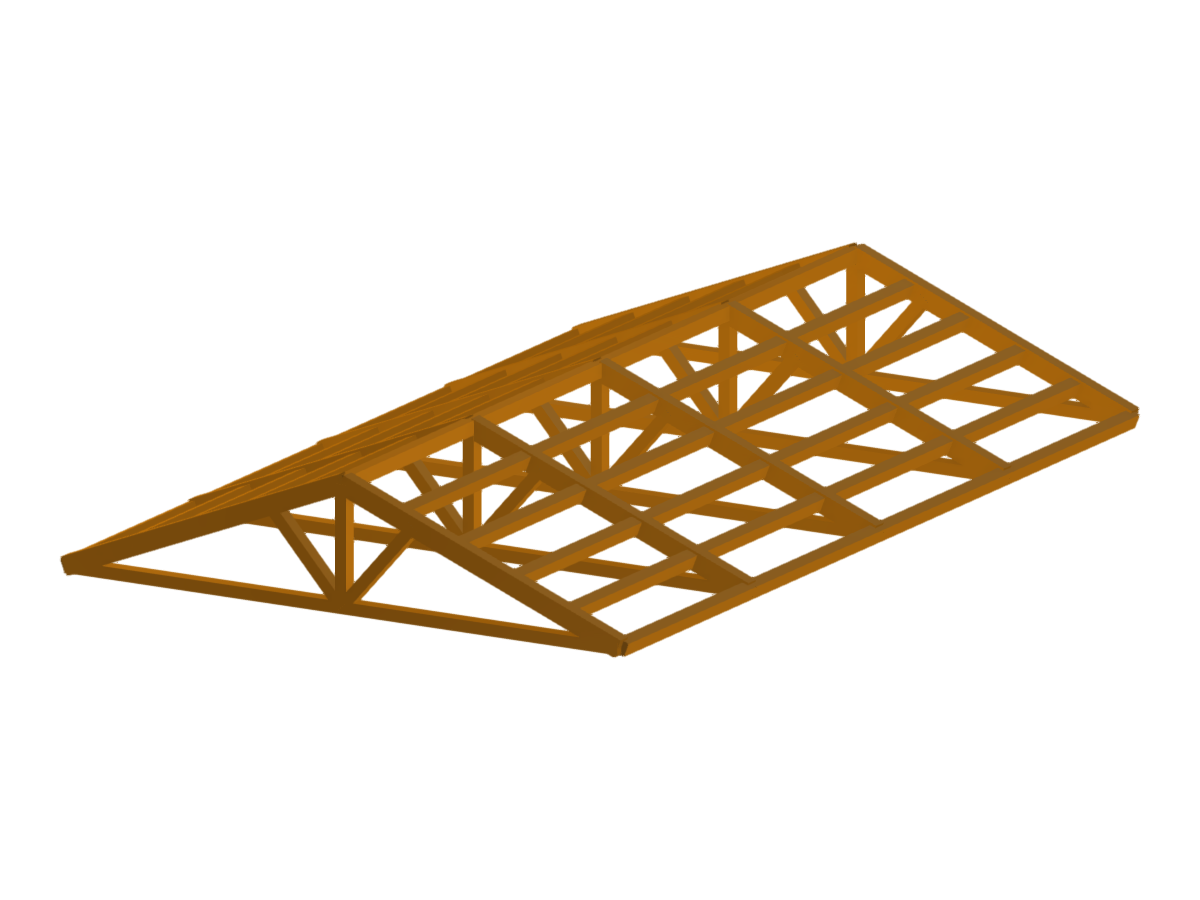 A digital model of a roof structure for a prefabricated wooden building, showcasing complex geometrical detailing and structural design elements.