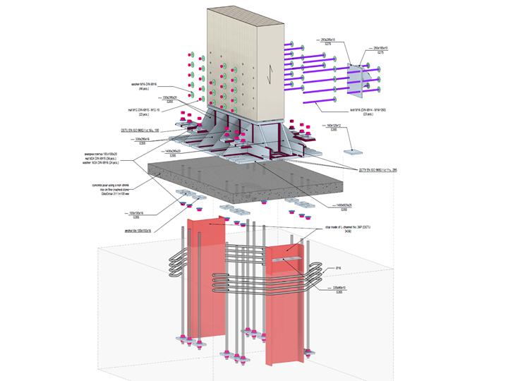Detailed representation of a complex foundation structure with steel reinforcement and cast concrete.