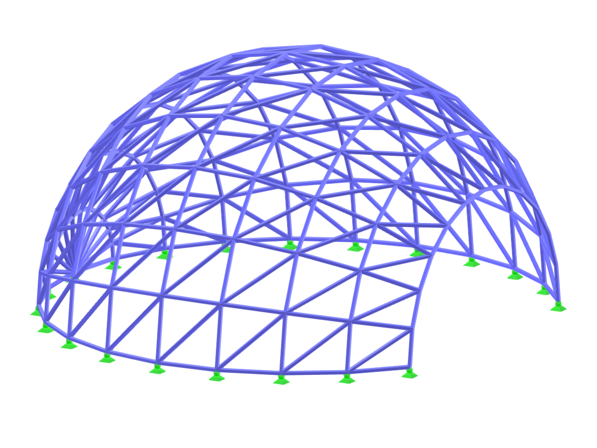 The image depicts a structural analysis of a geodesic dome using finite element method within engineering software.