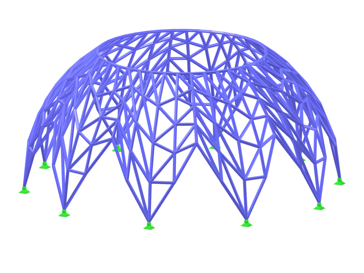 Semi-sphere shell structure formed by curved members displaying complex geometry and design elements using advanced engineering software.