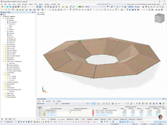 Model of a roof structure made of cross-laminated timber created with RFEM. Shows details of the supporting structure.