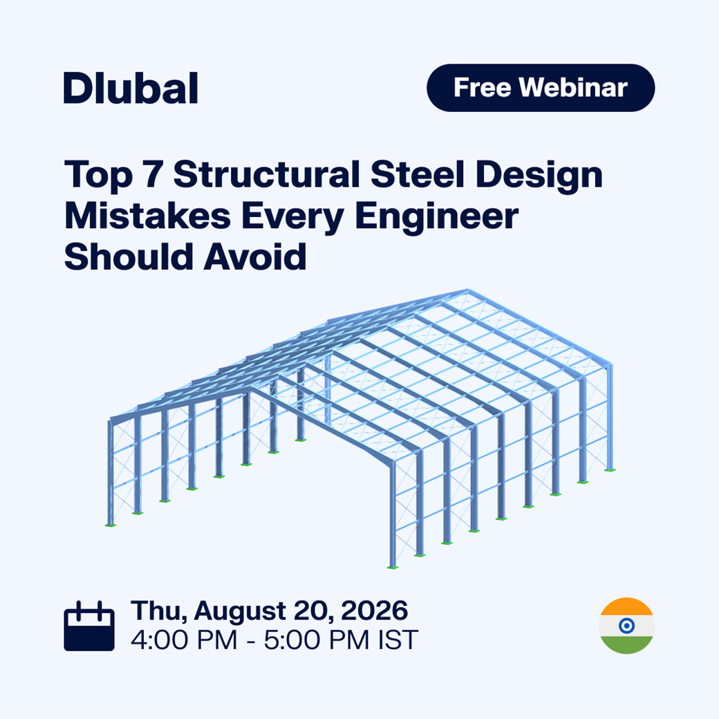 Illustration showing key topics from the Free Dlubal India Webinar on structural steel design errors to avoid.