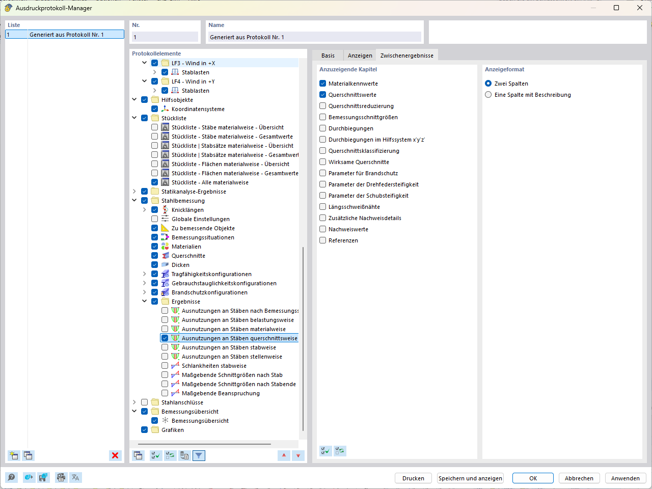 The Printout Report Manager shows the selected material and cross-section properties.