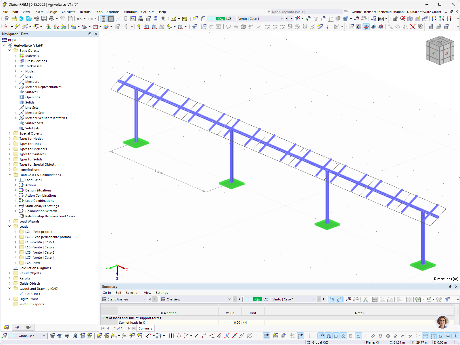 Visualization of an RFEM model of a steel structure to support a photovoltaic system.