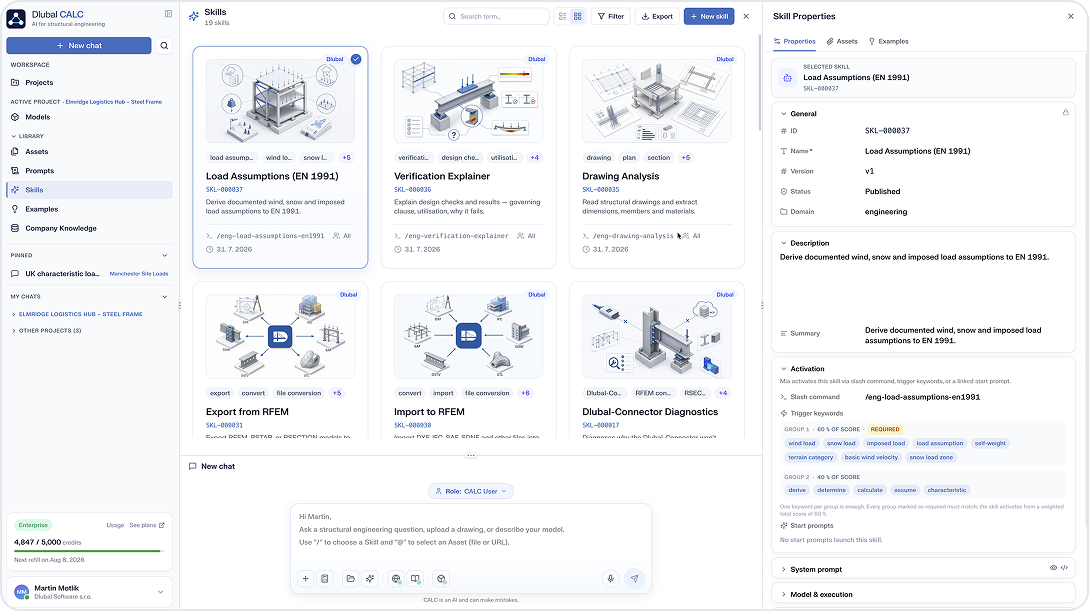 The Skills Library in the Dlubal CALC App offers a comprehensive set of ready-made checks including steel and concrete analysis, RFEM diagnostics, and format conversion for efficient engineering workflows.