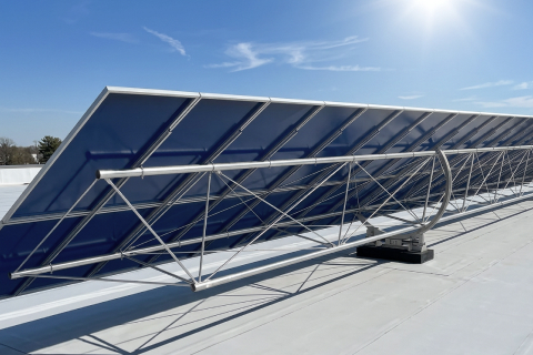 Image showing a single-axis solar tracking system developed by Nexans Solar Technologies, designed for efficient energy harvesting.