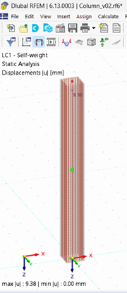 RFEM analysis showing composite column behavior with reinforcement impact on deformation components.