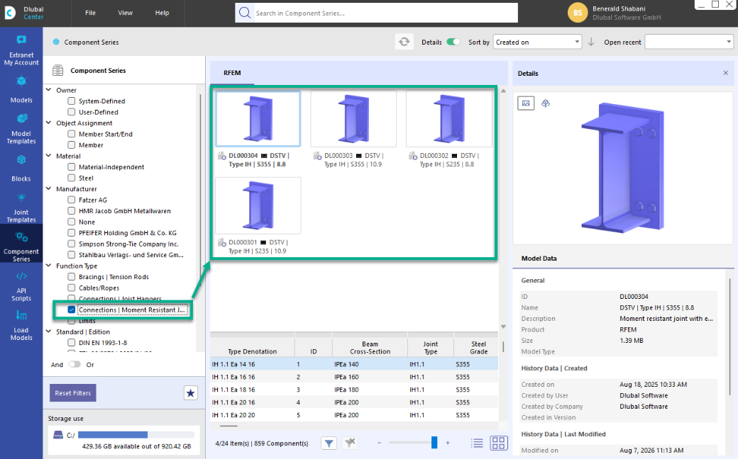 Component series "DSTV type IH" in the Dlubal Center