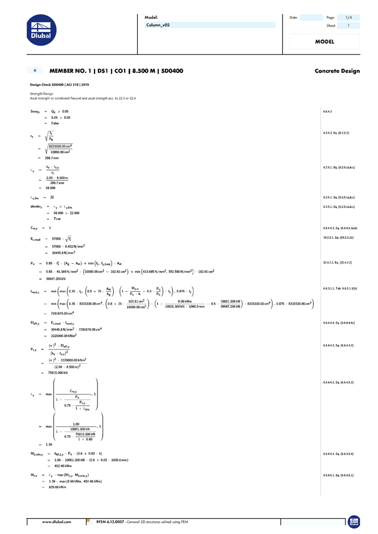 Column design results in RFEM displaying reinforcement and load considerations.