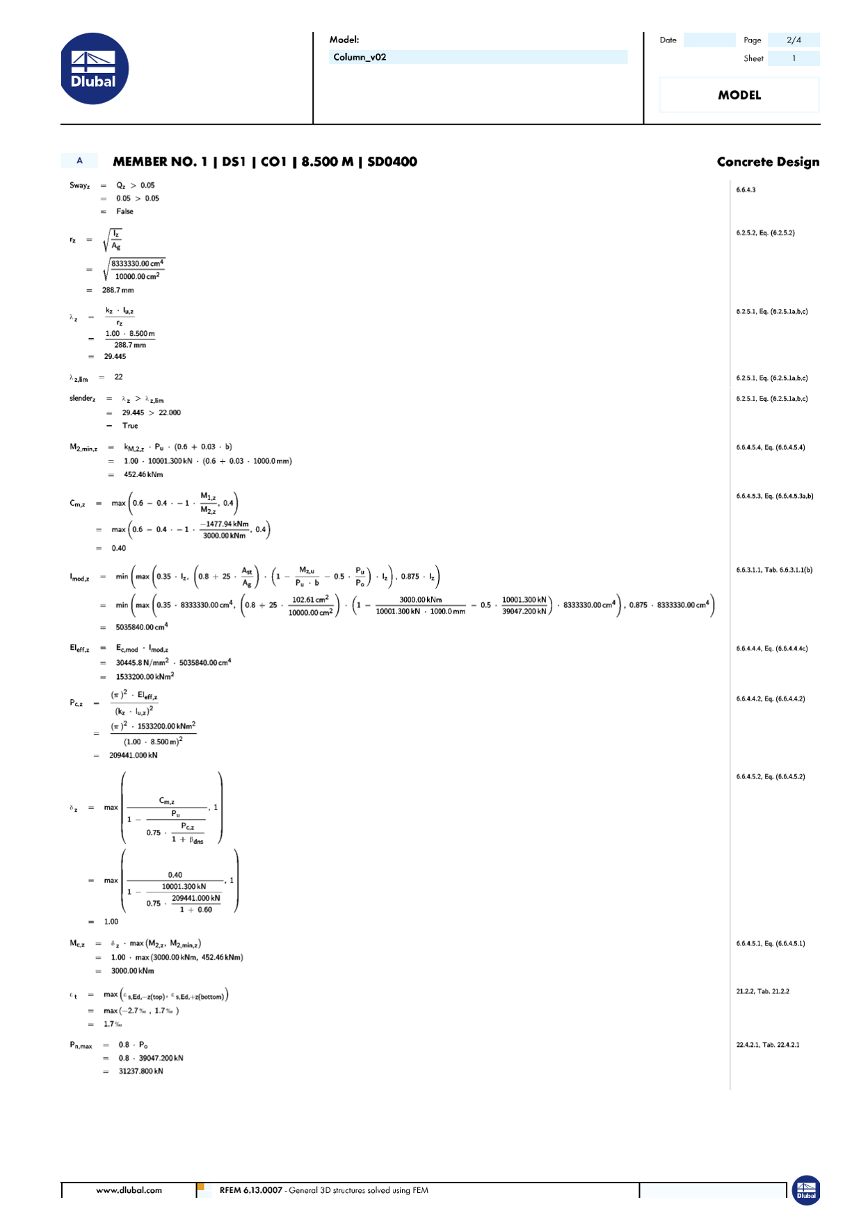 Column design results in RFEM displaying reinforcement and load considerations.