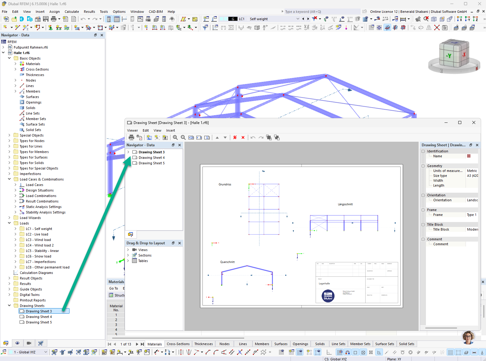 Creating drawing sheets using RFEM and RSTAB with frames, views, and sections.