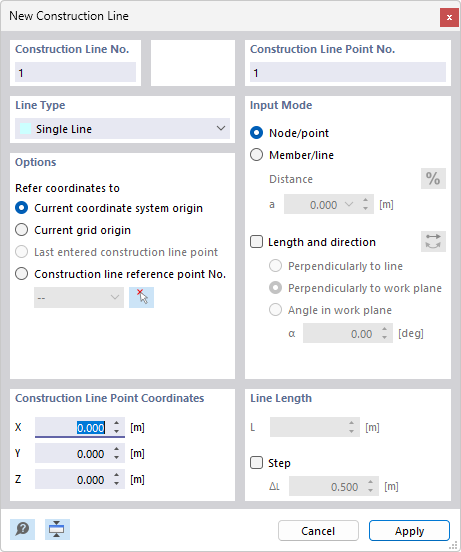 Dialog box "New Construction Line"