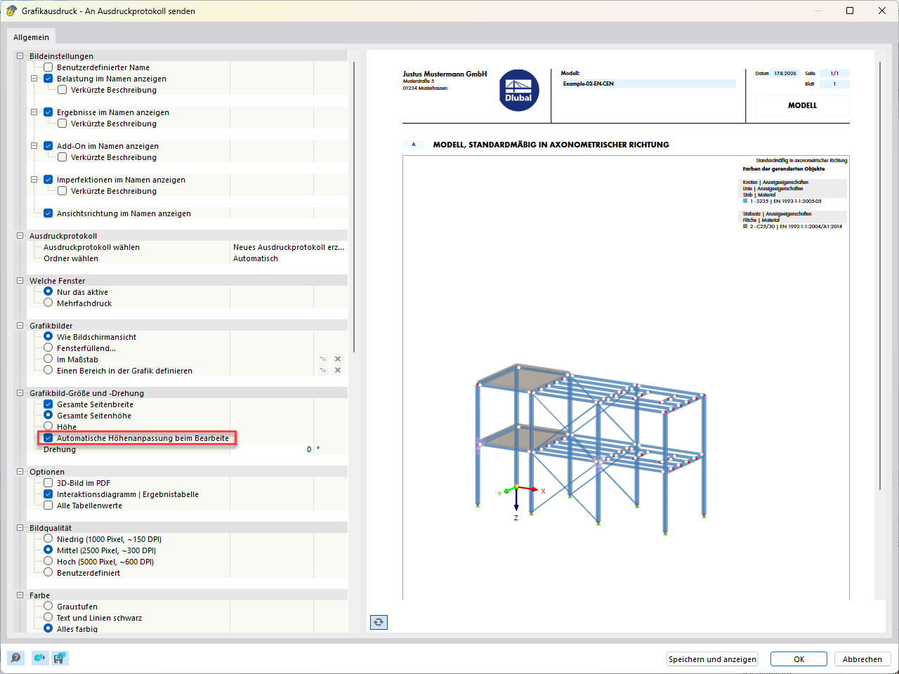 “Graphic Printout” dialog box for creating a printout report with the option for automatic height adjustment activated when editing the graphic image.