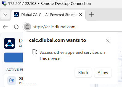 Browser prompt "calc.dlubal.com wants to access other apps and services on this device" with the buttons Block and Allow buttons.
