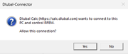 Dlubal Connector dialog box: “Dlubal Calc (https://calc.dlubal.com) wants to connect to this PC and control RFEM. Allow this connection?” with “Yes” and “No.”