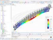 RFEM result display of the deflections of a curved steel pedestrian bridge under live loads